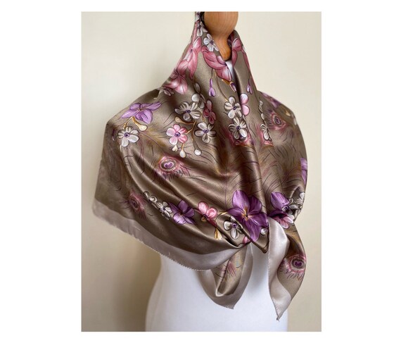 Vintage EYFEL Square Scarf Shawl Tan Purple Dusty Rose Neckerchief