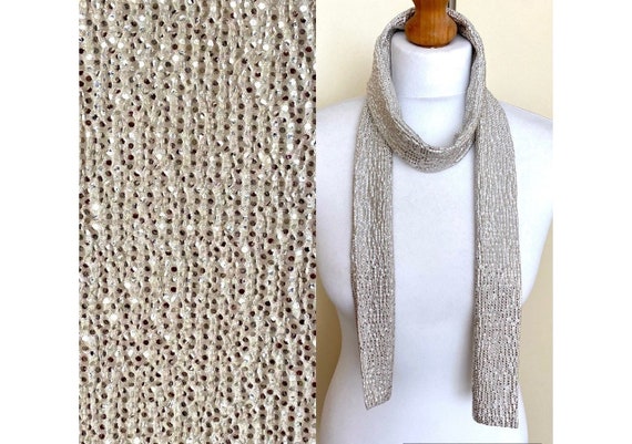 Sequin Skinny Scarf Luxury Double Layer Ivory Silver Evening