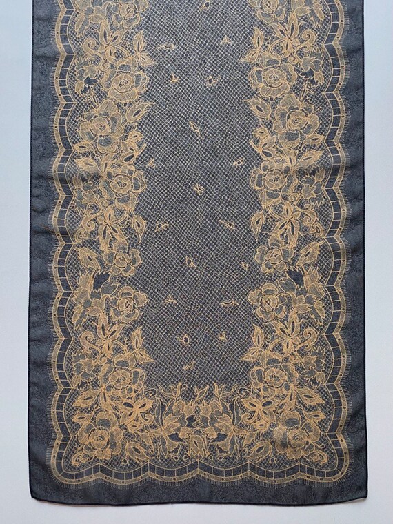 Vintage Lace Print Long Scarf Black Golden Shawl … - image 2