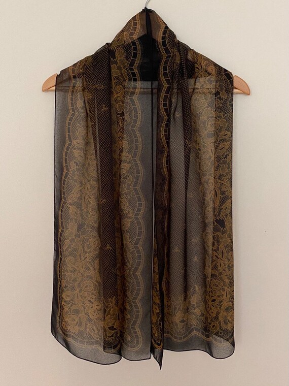 Vintage Lace Print Long Scarf Black Golden Shawl … - image 4