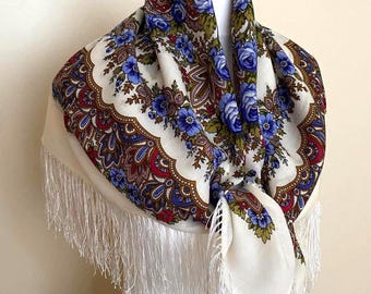 Vintage Wolle Folkloristische Fransen Schal Ivory Floral Folk Wolle Halstuch Schal Foulard, 87 x 88 cm