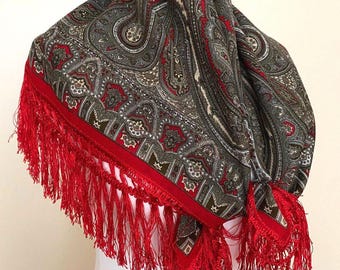 Vintage Wolle Folklorischer Schal Fransen Paisley Wolle Halstuch Rot Oliv Grau Retro Lana Foulard, 76 x 76 cm