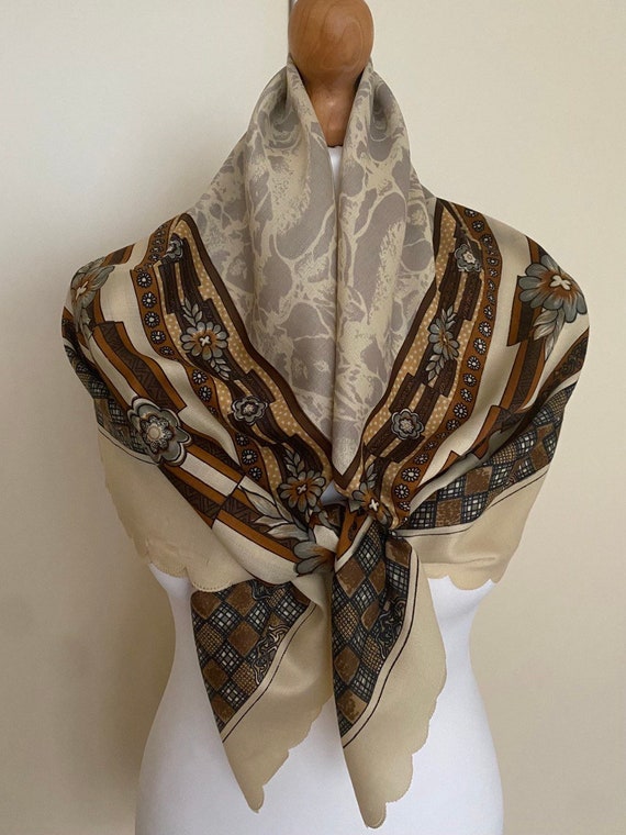 Vintage Folkloric Large Square Scarf Cream Brown … - image 4