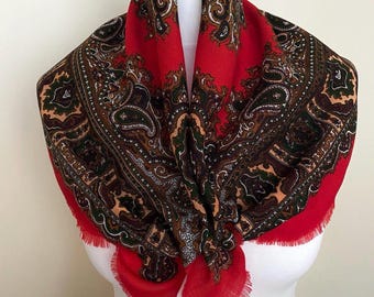 Vintage Wolle Folklorischer Schal Rot Grün Braun Gelb Paisley Folk Halstuch Retro Wolle Foulard, 30x30"/77 x 77 cm