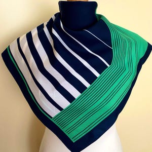 Vintage Small Square Scarf Bandana Green White Navy Striped Neckerchief Retro Foulard, 26x26,5"/66,5x67,5 cm