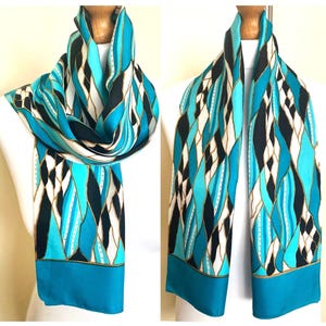 Vintage 70s 80s Silk Long Scarf Turquoise Black White Tan Abstarct Print Women&#39;s Men&#39;s Seta Scarf, 10x42&#39;&#39; 25,5x106,5 cm