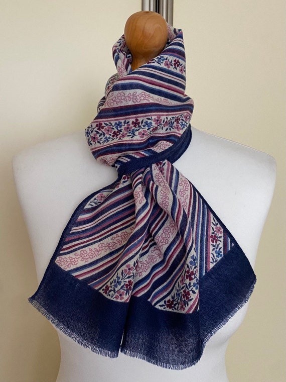 Vintage Wool Long Scarf Dark Blue Striped Floral … - image 6