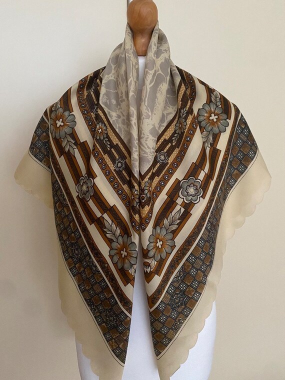 Vintage Folkloric Large Square Scarf Cream Brown … - image 9