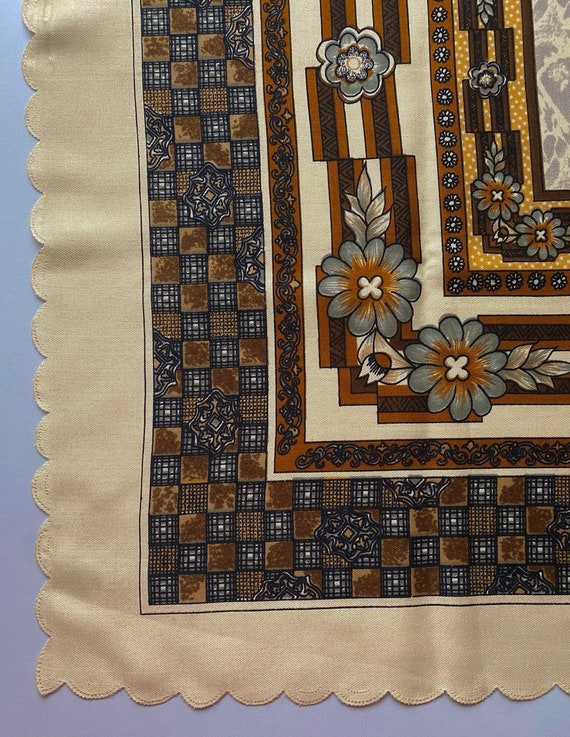 Vintage Folkloric Large Square Scarf Cream Brown … - image 7