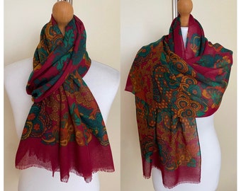 Vintage Unisex Long Scarf Shawl Wrap Burgundy Green Brown Mustard Art Floral Paisley Folk Long Retro Men's Scarf Cover, 19x61''/ 48x156 cm