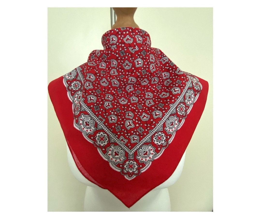 Vintage Cotton Bandana Folk Handkerchief Paisley Red White Boho Hippie ...