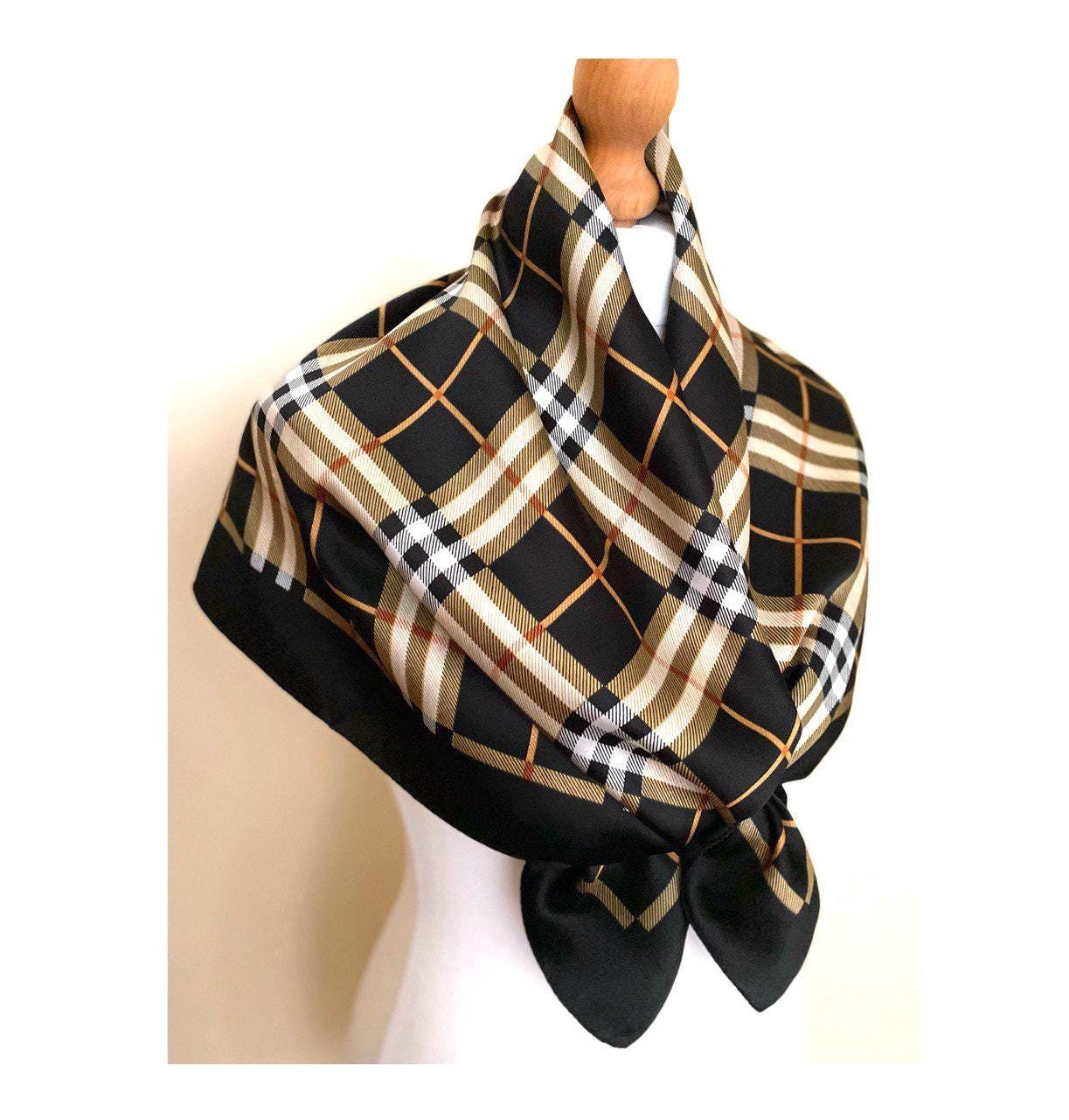 Vintage 90s Italy Made Square Scarf Black Cream Olive Plaid Neckerchief Italian Foulard, 34x34,5", 87x88 cm