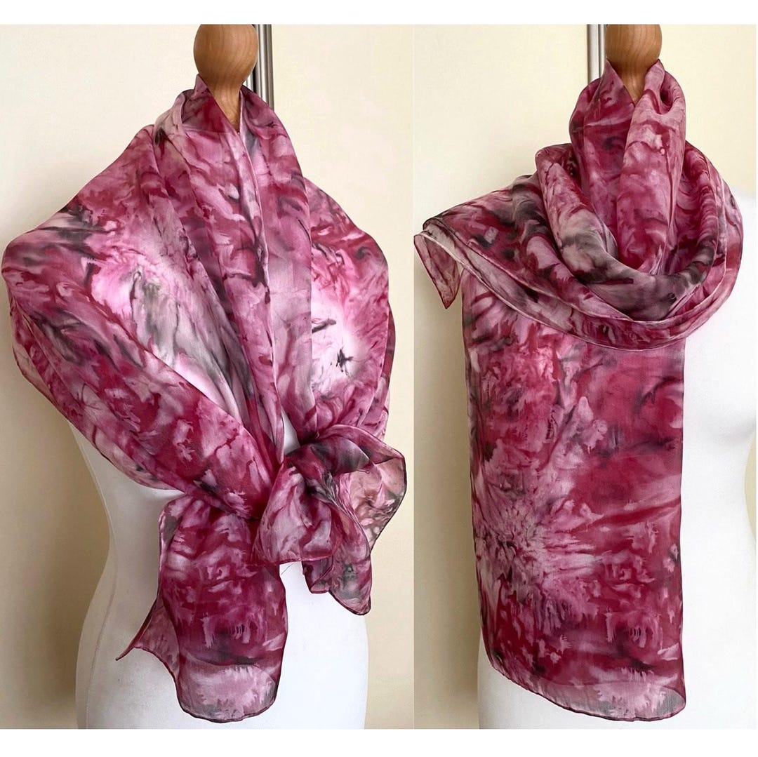 Vintage Silk Long Scarf Watercolor Seta Shawl Hand Rolled