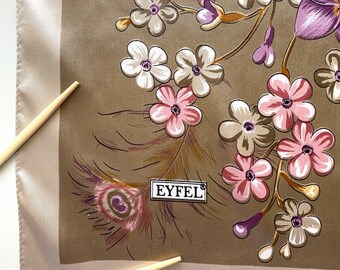 Foulard Carré Vintage – Motif Fleurs D'iris Violet Et Rose, Polyeste, Femme