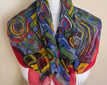 Bufanda vintage de gasa de seda estilo Art Déco, colorida y brillante, en rojo, amarillo, negro, azul y verde. 80 x 80 cm (31 x 31 pulgadas).