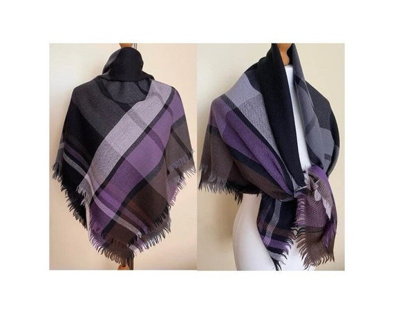 Vintage Plaid Wool Square Shawl Tartan Fringe Woo… - image 1