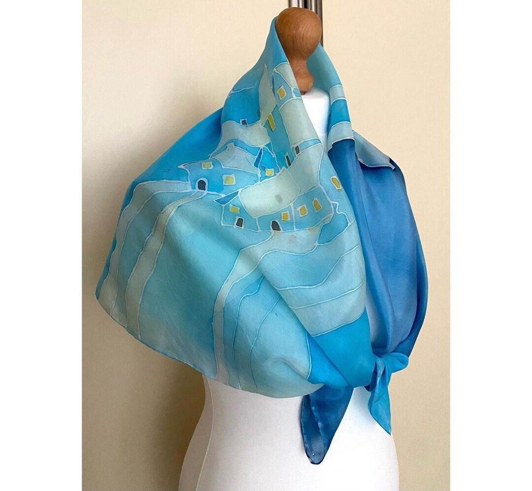 Foulard Carré En Soie Vintage Bleu Peint à La Main - Modèle FO714, Très Bon état, Pour Femme