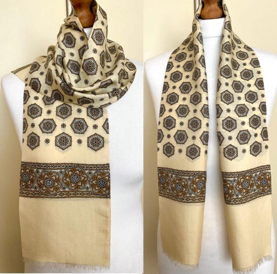 Vintage 70s 80s Men's Silk Long Scarf Yellow Cream Retro Gentleman