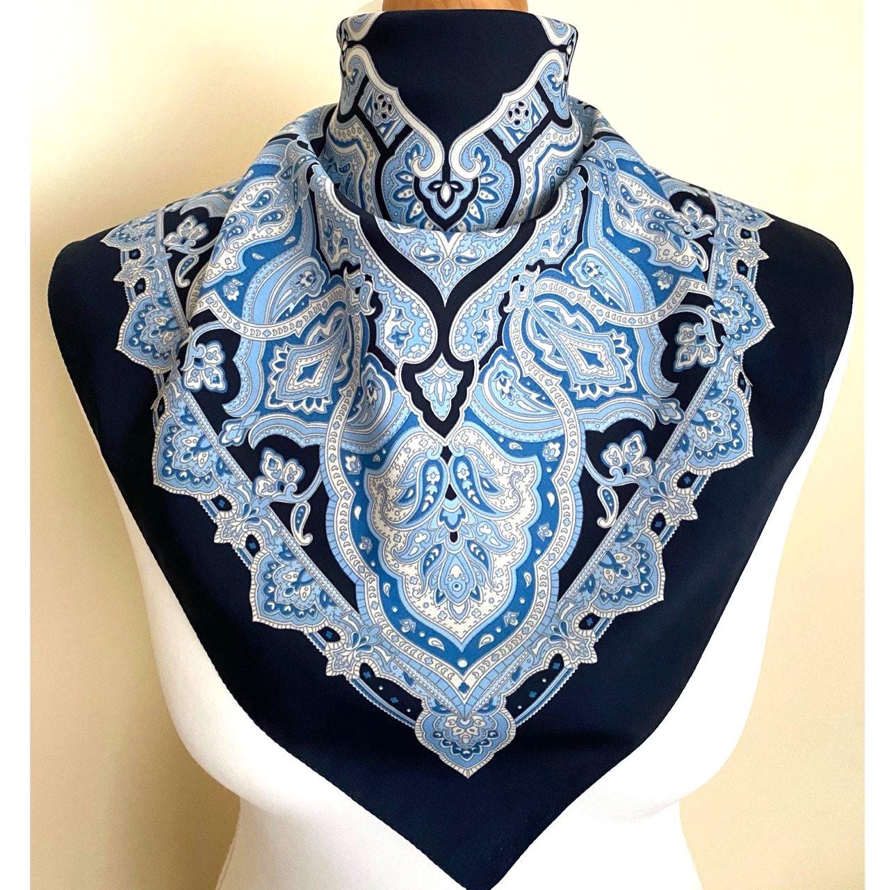 ヴィンテージ スモール スクエア スカーフ バンダナ ブルー ネイビー