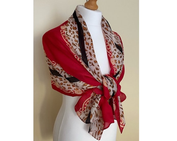 Vintage Long Wide Scarf Red Black Cream Shawl Wrap Coverup 19x63 50x160 cm