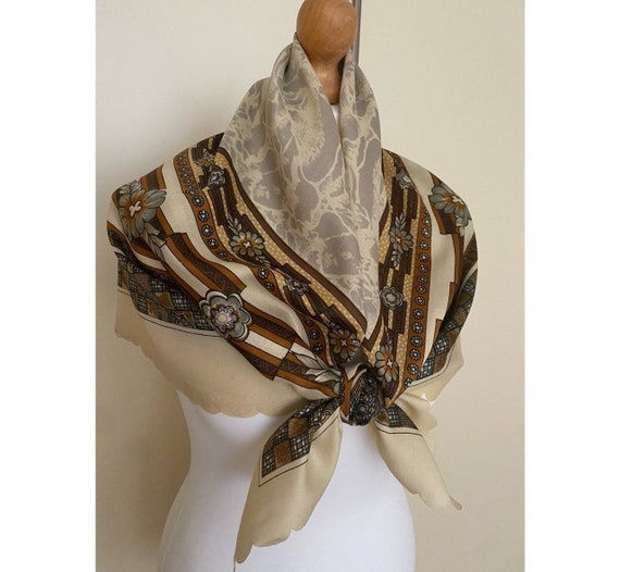 Vintage Folkloric Large Square Scarf Cream Brown … - image 2