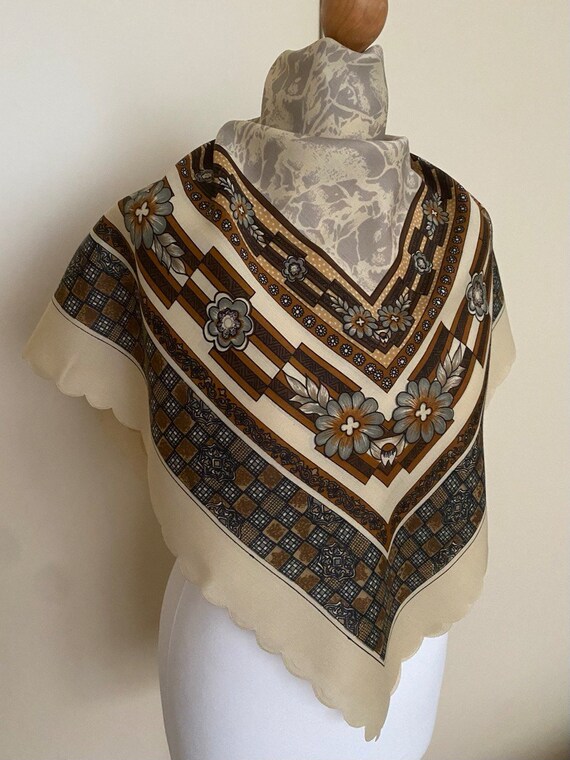 Vintage Folkloric Large Square Scarf Cream Brown … - image 3