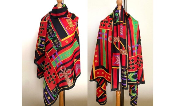 Vintage 90s Italian Colorful Shawl Red Black Gree… - image 1