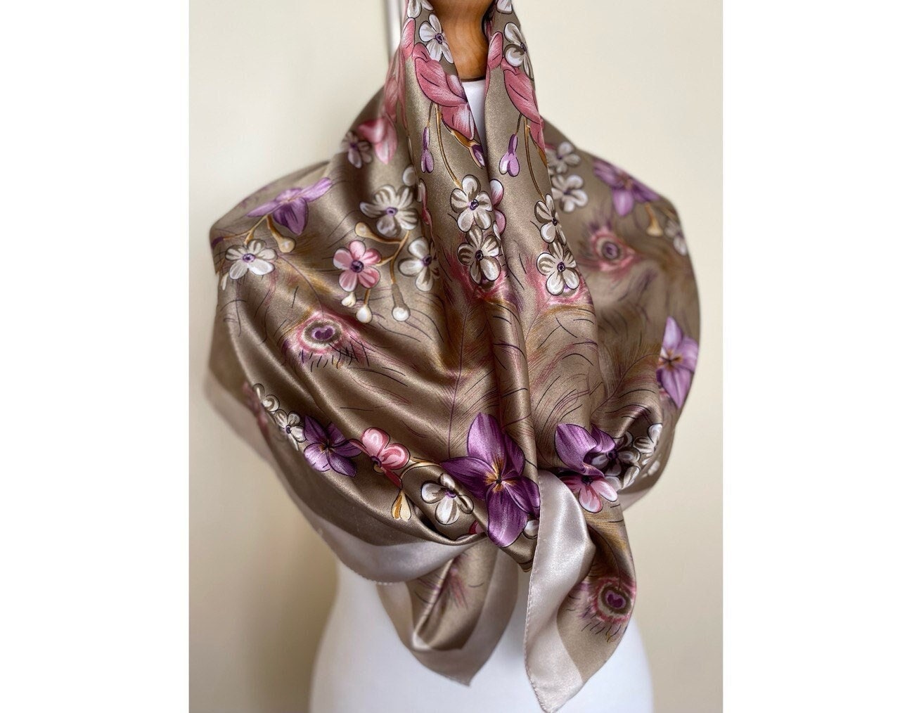 Vintage EYFEL Square Scarf Shawl Tan Purple Dusty Rose Neckerchief