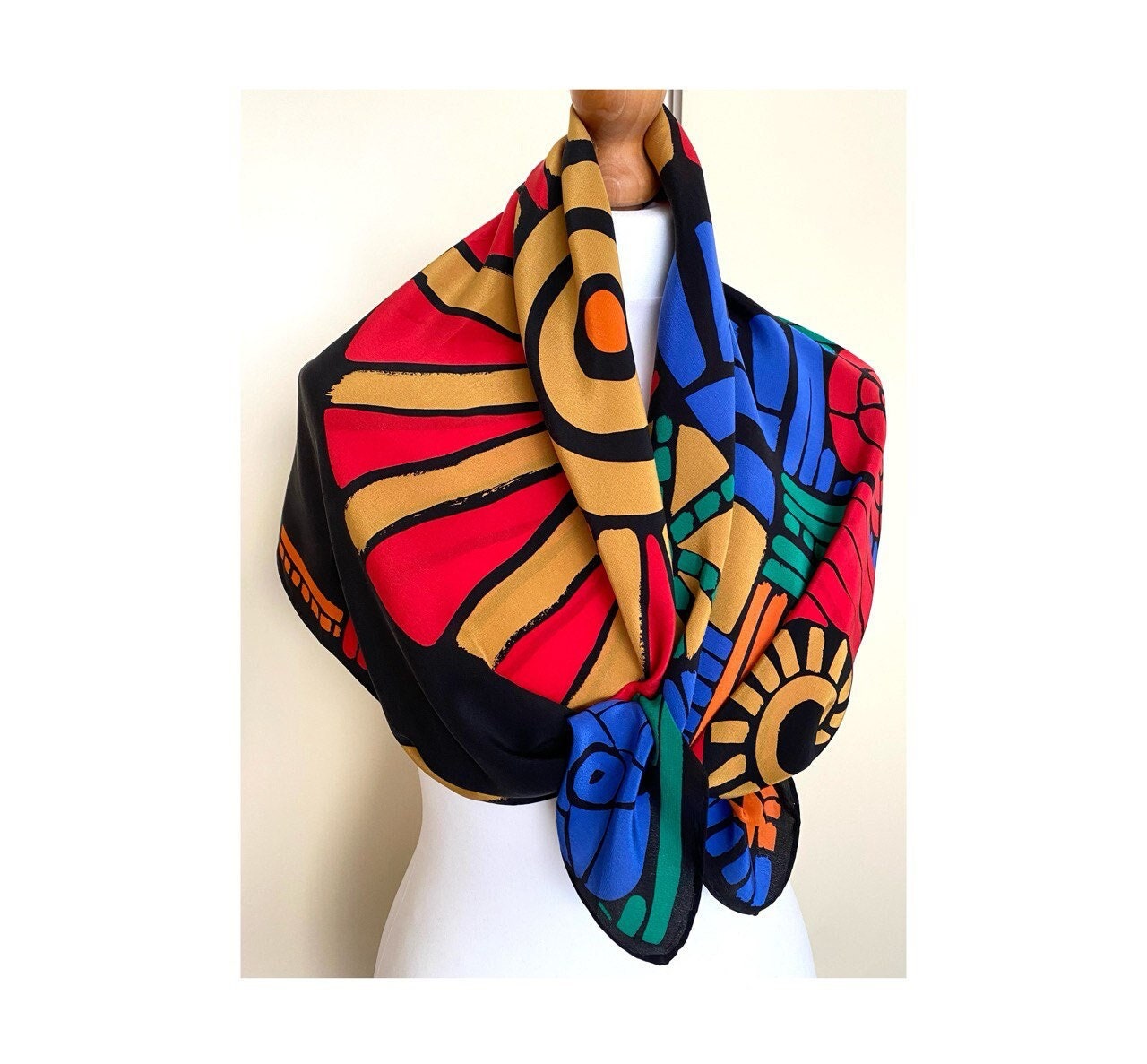 Vintage Long Silk Striped Animal Style Silk Scarf. 140 X 35