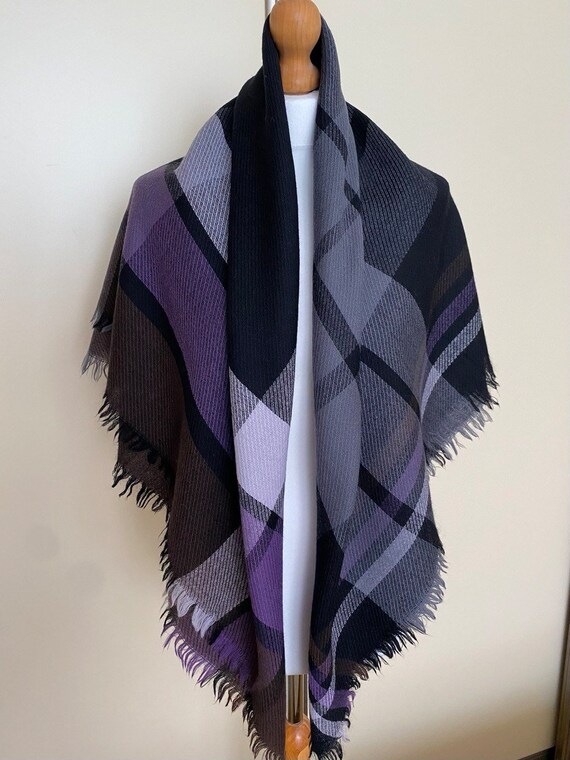 Vintage Plaid Wool Square Shawl Tartan Fringe Woo… - image 7