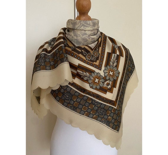 Vintage Folkloric Large Square Scarf Cream Brown … - image 1