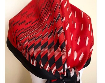 Vintage sjaal met psychedelische print rood zwart gebroken witte sjaal Art Retro Foulard, 31 x 31", 78 x 79 cm