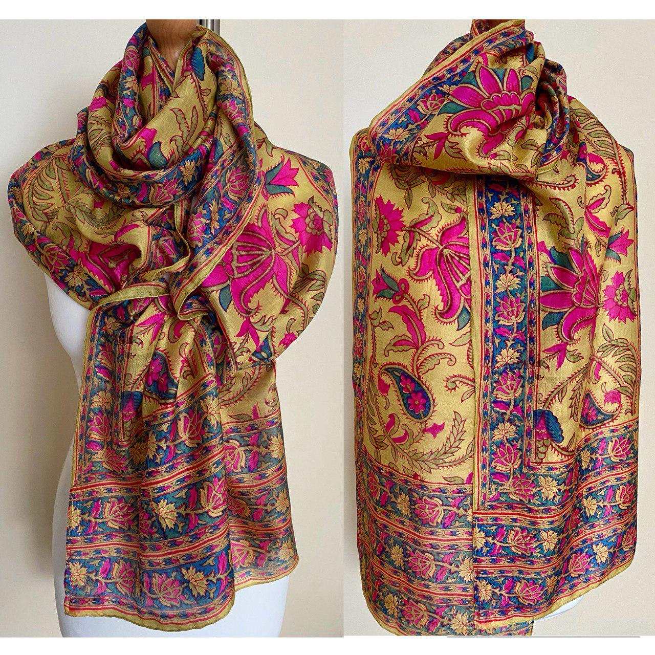 Vintage Made in India Silk Long Scarf Shawl Yellow Cyclamen Green