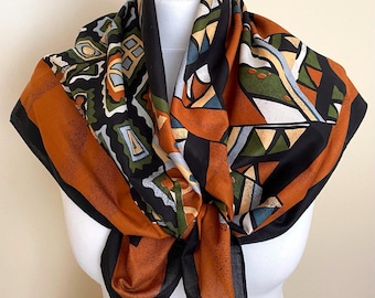Vintage Jim Thompson Cotton Psychedelic Scarf Rust Brown Black Cream Forest Green Abstract Print Baumwolle Foulard, 32,5x32,5"/82,5x82,5cm