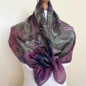 Vintage 90s Silk Square Scarf Purple Forest Green Watercolor Seta Foulard Hand Rolled Neckerchief Shawl Wrap, 33x34&quot;/84x87cm