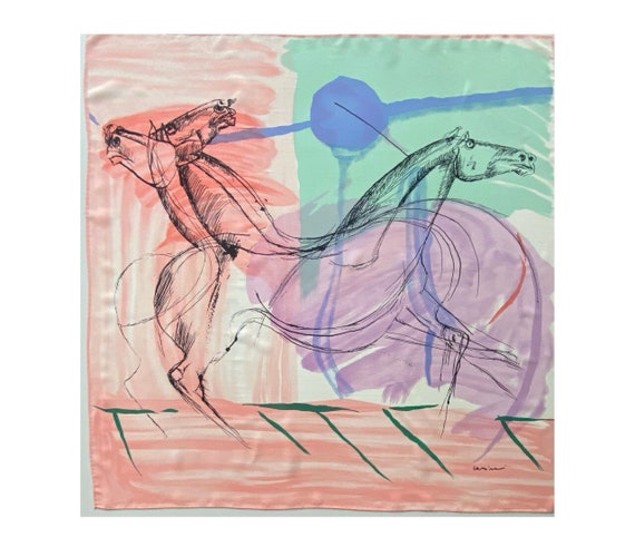 Vintage Bruno Cassinari Art Print Silk Scarf 70s Horses Print Silk Neckerchief Cubism Art Print Seta Foulard Seidentuch, 32x33", 82x84 cm