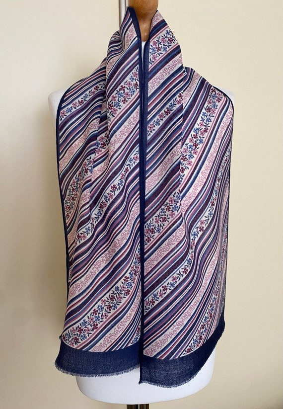 Vintage Wool Long Scarf Dark Blue Striped Floral … - image 8