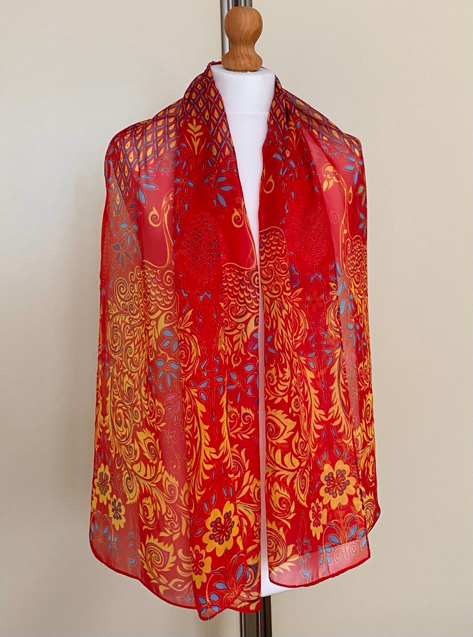 Liang Dian Vintage Long Scarf Beach Coverup Red Yellow