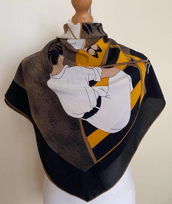 Vintage Zenith Mode 80s 90s Silk Scarf Italy Made Black Orange