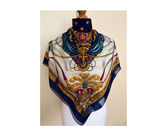 Vintage La Chatelaine by Moon Bat Luxury Silk Jacquard Scarf Crown