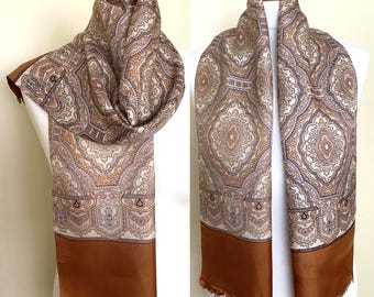 Vintage 80s 90s Men's Long Scarf Retro Pattern Print Rust Paisley Men's Gentleman Scarf Double Layered Herrenschal, 11,4x48'' 29x122 cm