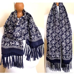 Vintage 60s 70s Men&#39;s Women&#39;s Long Silk Scarf Navy White Retro Print Gentleman Scarf Wedding Men&#39;s Silk Scarf, 10,6x43,3&#39;&#39; 27x110 cm