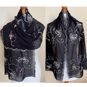 Vintage Sequin Embroidered Shawl Black White Wedding Evening Fiesta Wrap Stole Cover, 19x55&#39;&#39;/48x140 cm