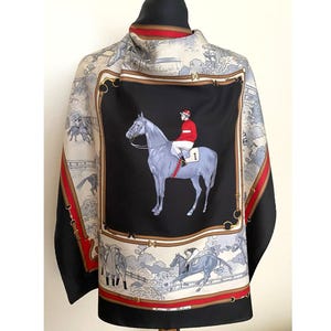 Vintage Jean De Bahrein Tuch Schal Bossi Trevira Italien Hergestellt Halstuch Schwarz Grau Rot Pferde Druck Retro Foulard, 31x31 &quot;/ 78 x 78 cm