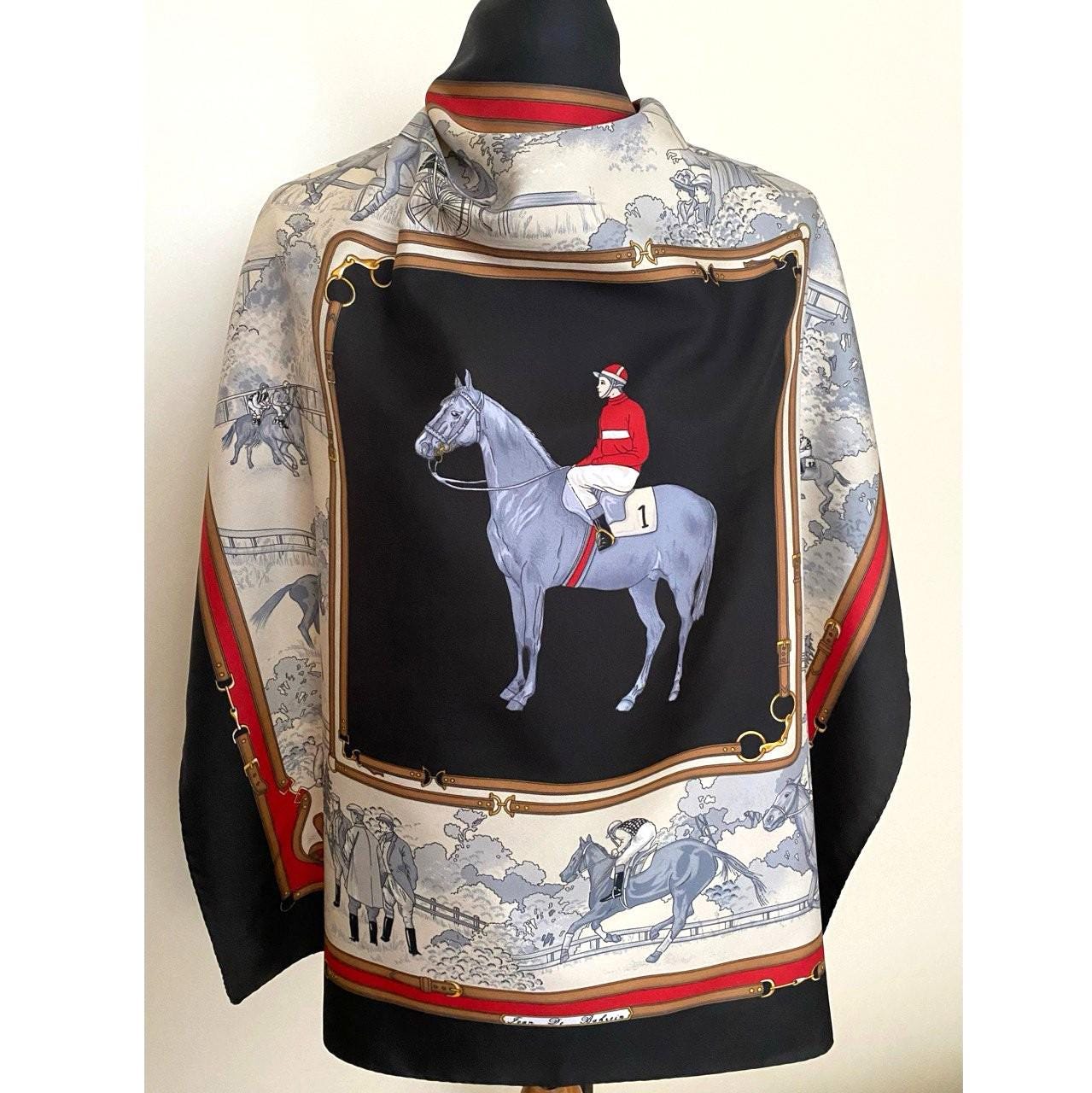Foulard Vintage Motif équestre - Chevaux, Cavaliers Et Blasons - Polyester Vert