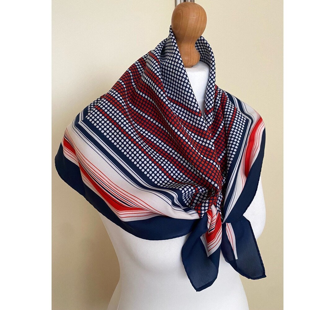 Vintage Polka Dot Square Scarf Navy Red White Striped Neckerchief Head