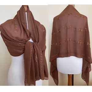 Vintage 80s 90s Silk Viscose Embroidered Evening Shawl Wrap Cover Brown Wedding Stole, 23x61,5&#39;&#39;/58x156cm