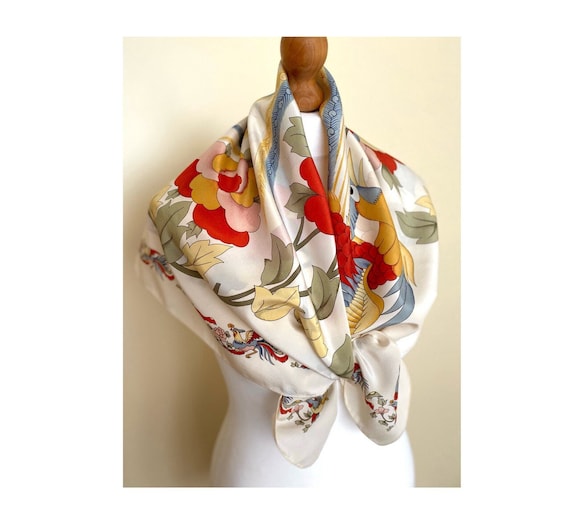 Vintage 90s Silk Square Scarf Cream Floral Birds Print Retro  display picture 2