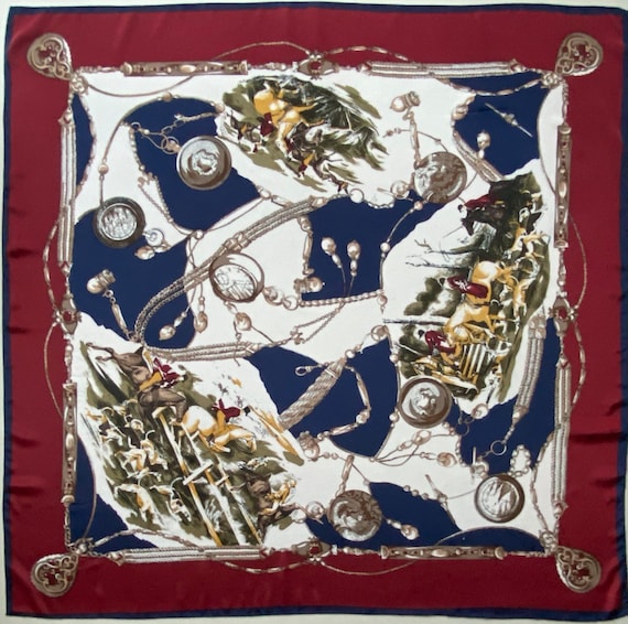 Foulard Carré Vintage Vert Motif Chasse à Courre - 100% Polyester, Pour Femme, Très Bon état Rétro