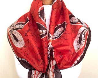 Vintage 90s India Made Silk Square Scarf Red-Orange Brown Seta Foulard Neckerchief, 28,3x28,5"/72x72,5cm